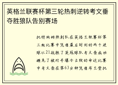 英格兰联赛杯第三轮热刺逆转考文垂夺胜狼队告别赛场